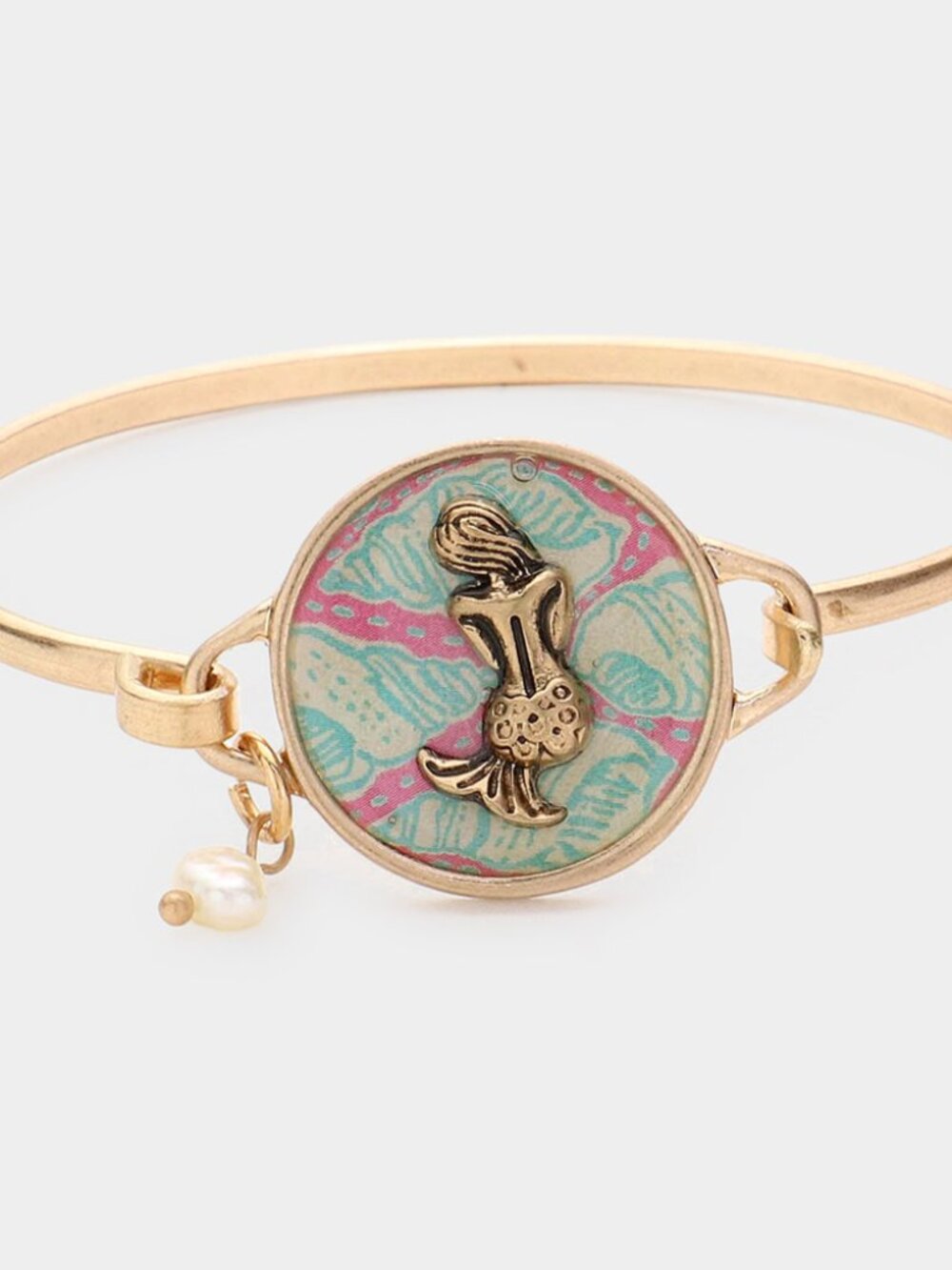 Patterned Mermaid Pearl Charm Hook Bangle Bracelet - Beach Mermaid Jewelry